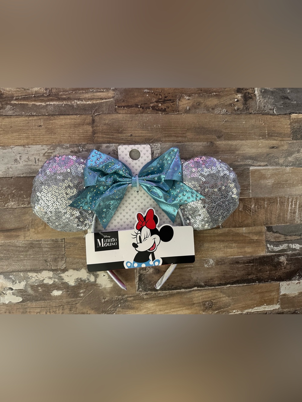 Disney Sequin Minnie Ear Headband with Iridescent Blue Bow